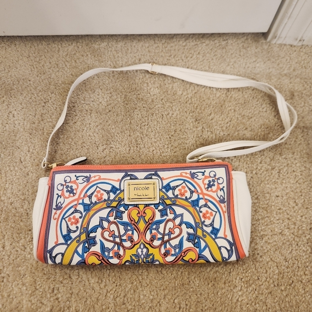 Nicole Miller Womens Crossbody Bag White Pink Blue Colorful Pattern #O